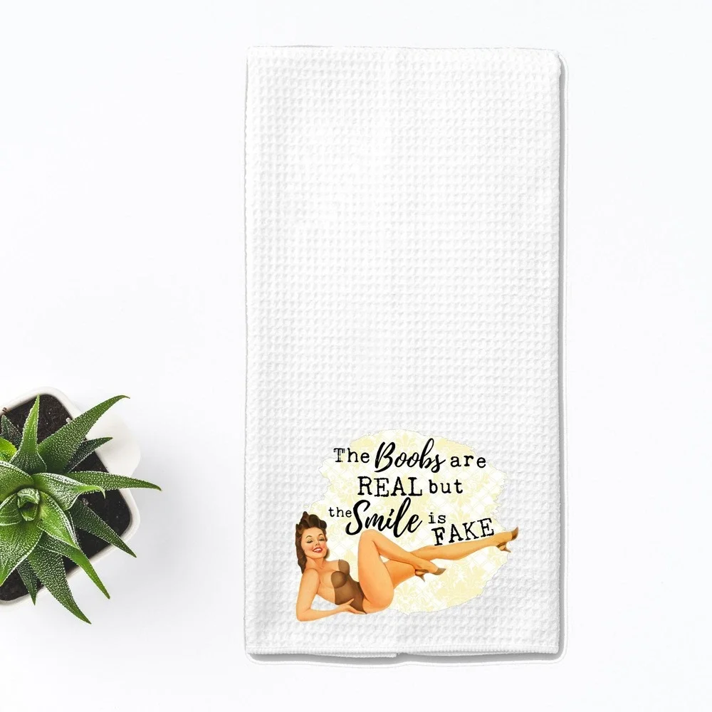 Vintage Pinup Girl Waffle Weave Kitchen Towel White Funny Retro Dish Cloth